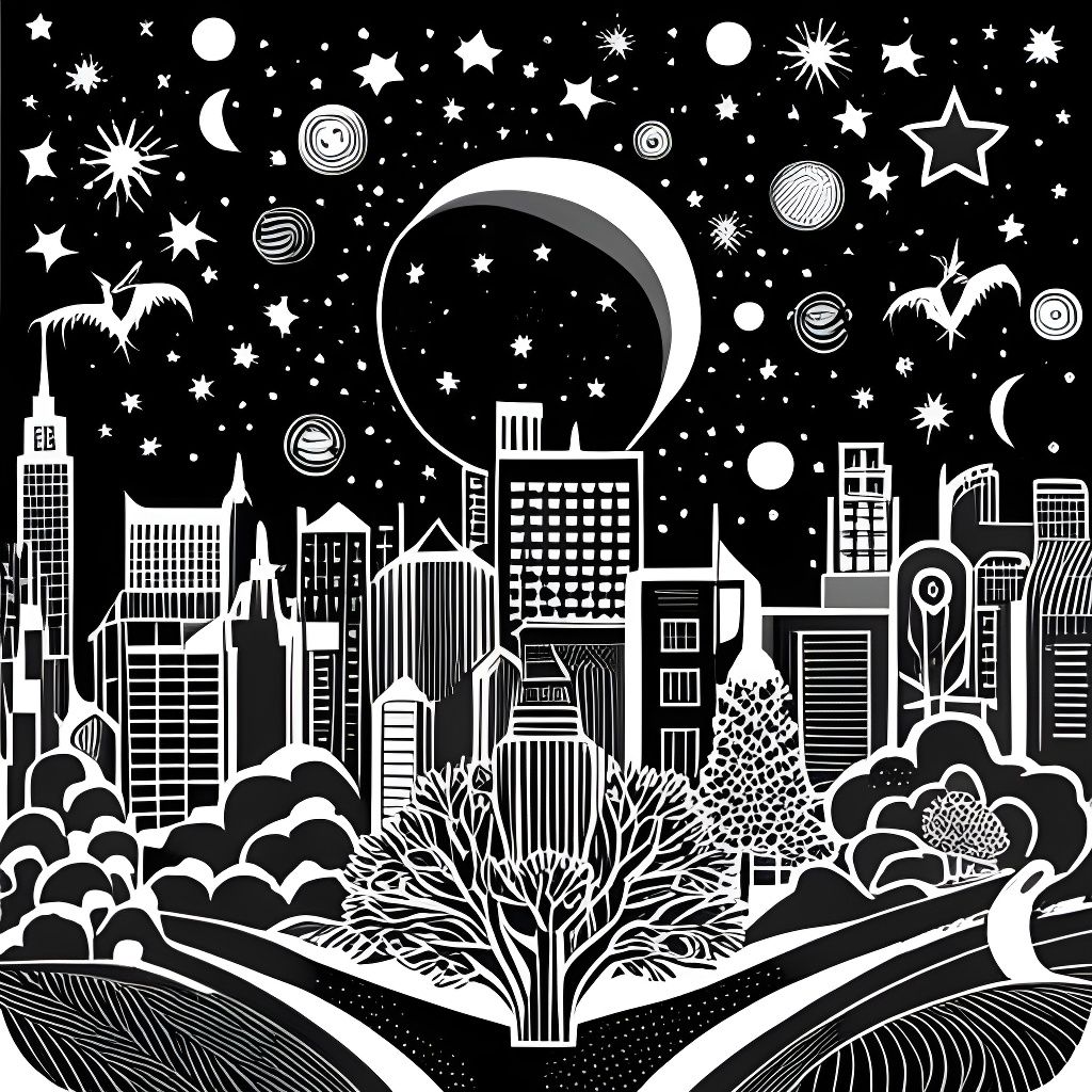 Monochrome Starry Sky and Bats Line Art