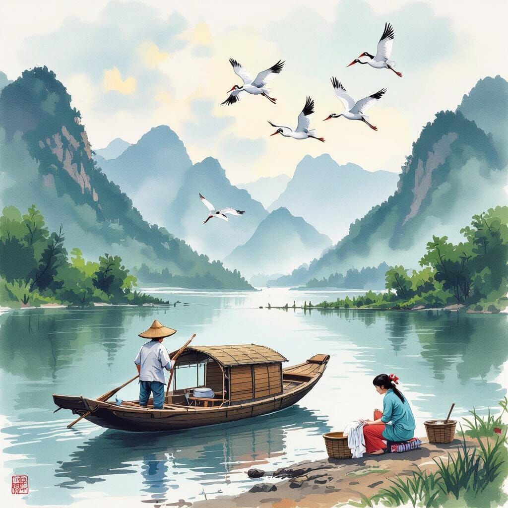 Serene Lake Scene with Cranes in Watercolor Style