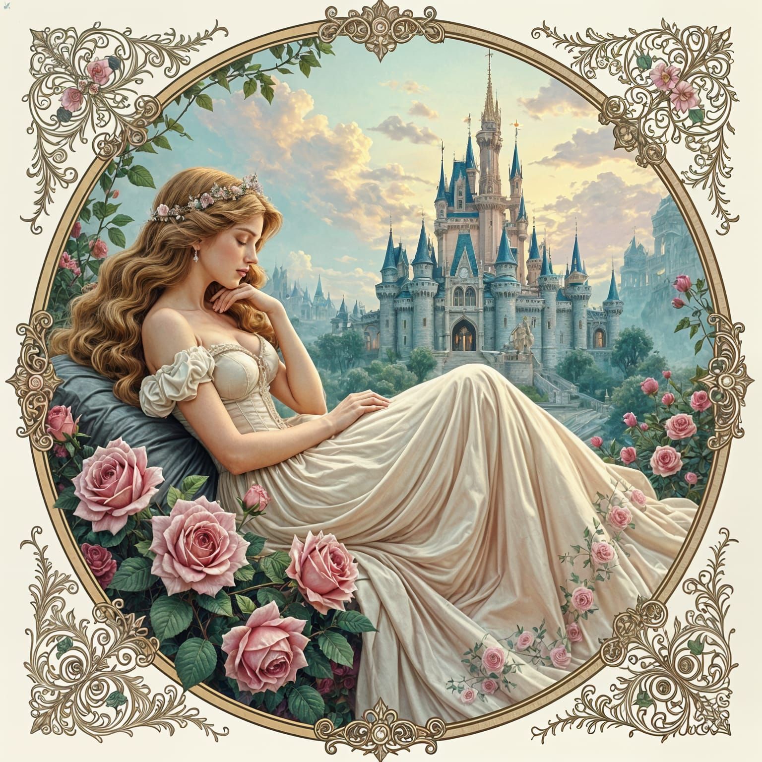 Sleeping Beauty: Art Nouveau Double Exposure Illustration