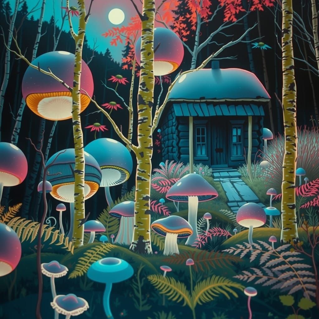 Whimsical Birch Forest Cabin in Linocut Style