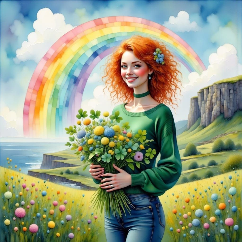 Stunning Irish Woman Amidst Lush Greenery in Whimsical Water...