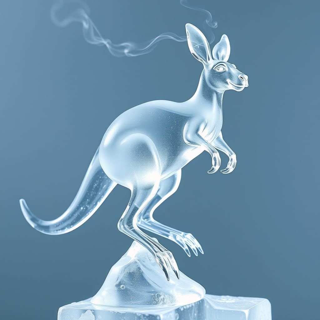 Ethereal Ice Sculpture of Kangaroo in Mid-Jump with Smoky Au...
