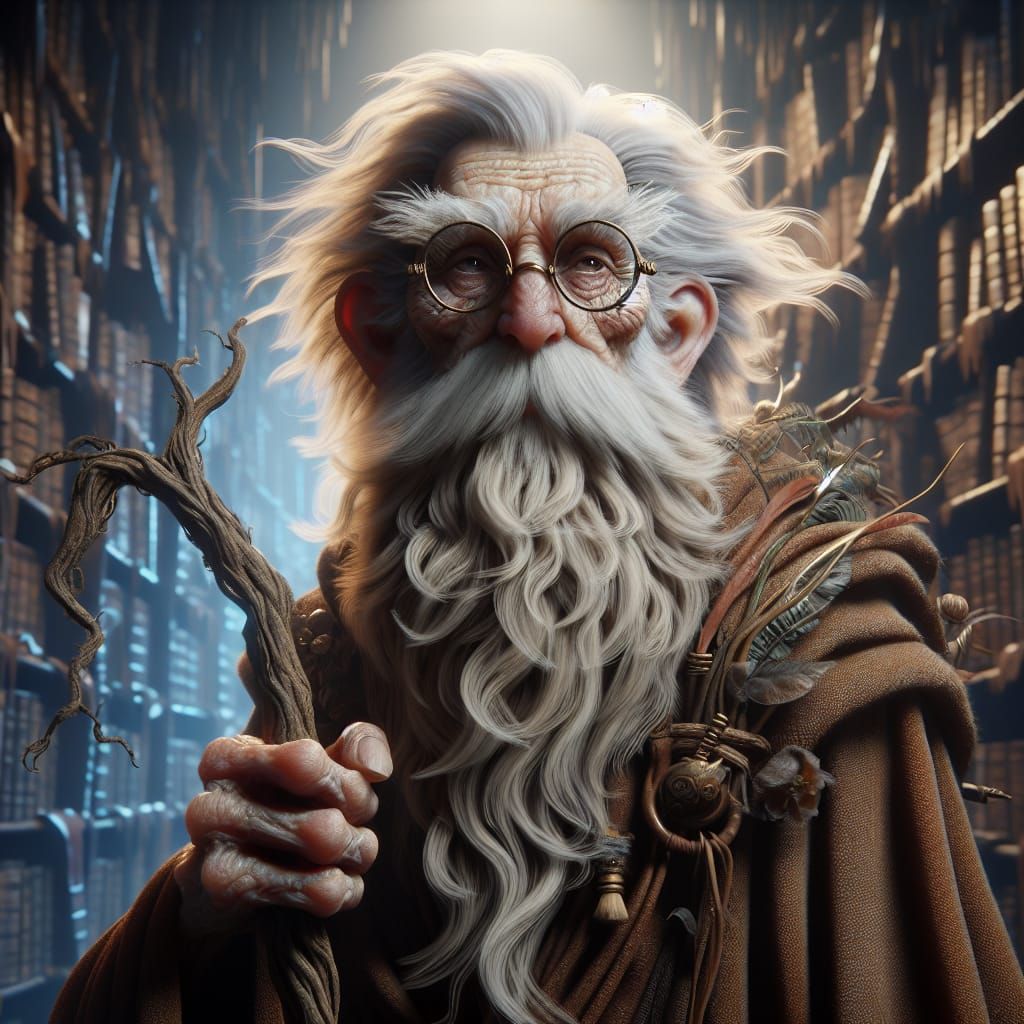 Fantasy Character: Old Man with White Beard in Library