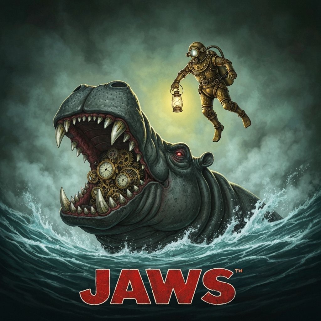 Steampunk Jaws Poster: Clockwork Hippo Attacks