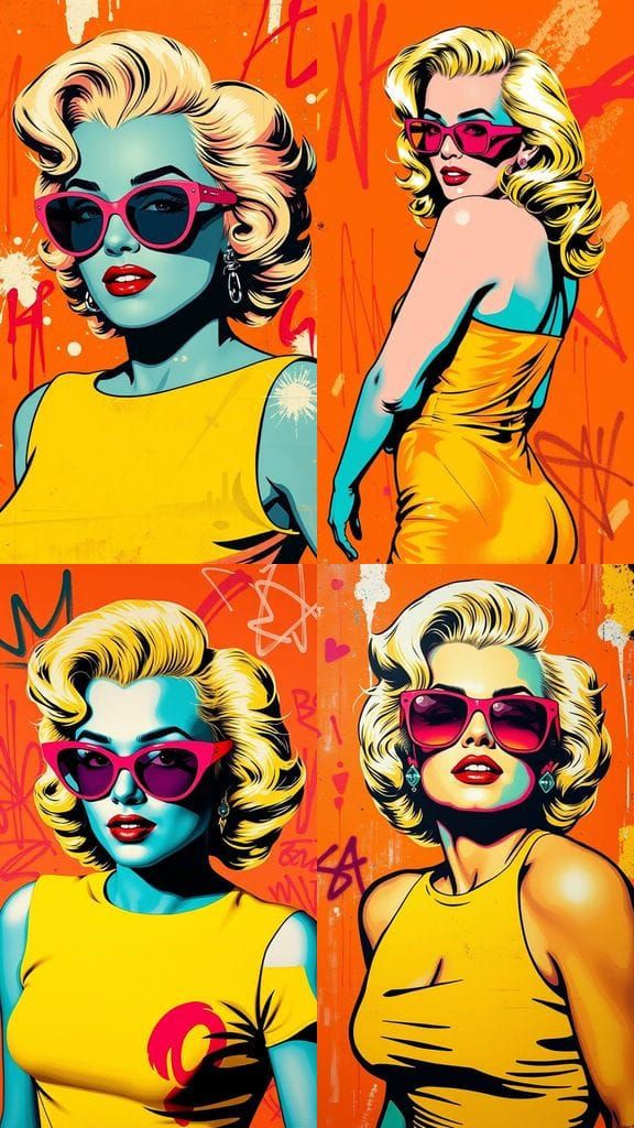 Pop Art Iconic Blonde Woman in Vibrant Orange Background wit...
