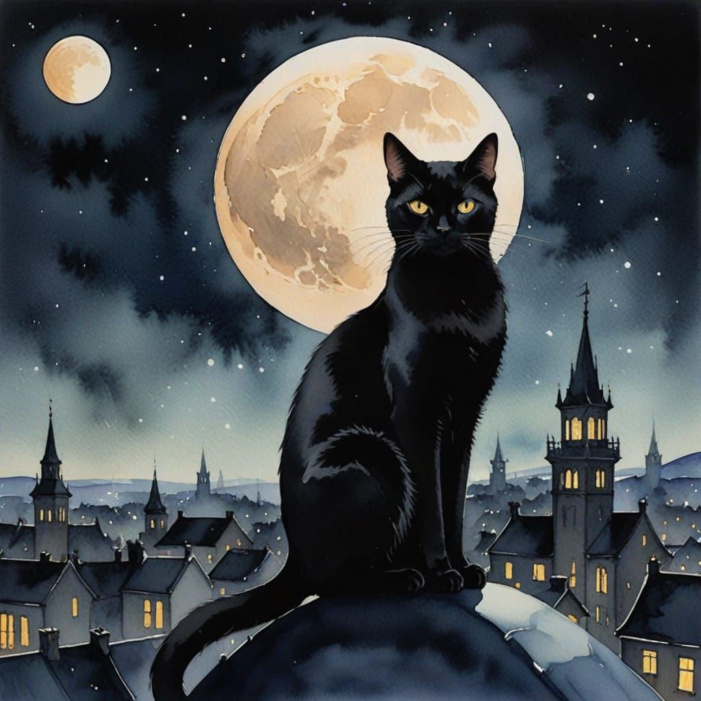 Black Cat on Rooftop in Romantic Watercolor