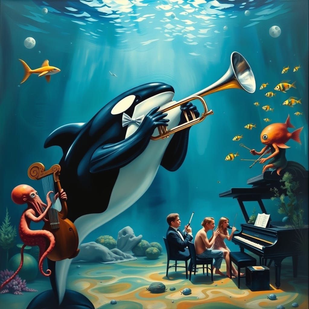 Surreal Orca Maestro Plays Trumpet in Vibrant Underwater Orc...