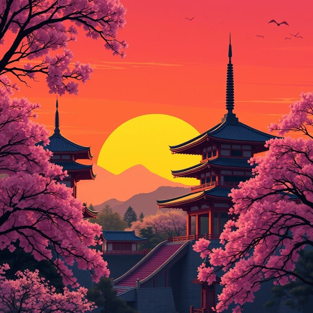 Japanese Temples in Morning Harmony, Cel-Shaded Anime Style