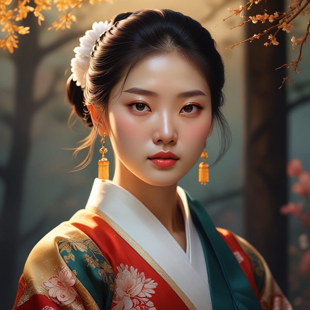 Korean Girl in Hanbok: Traditional Digital Art