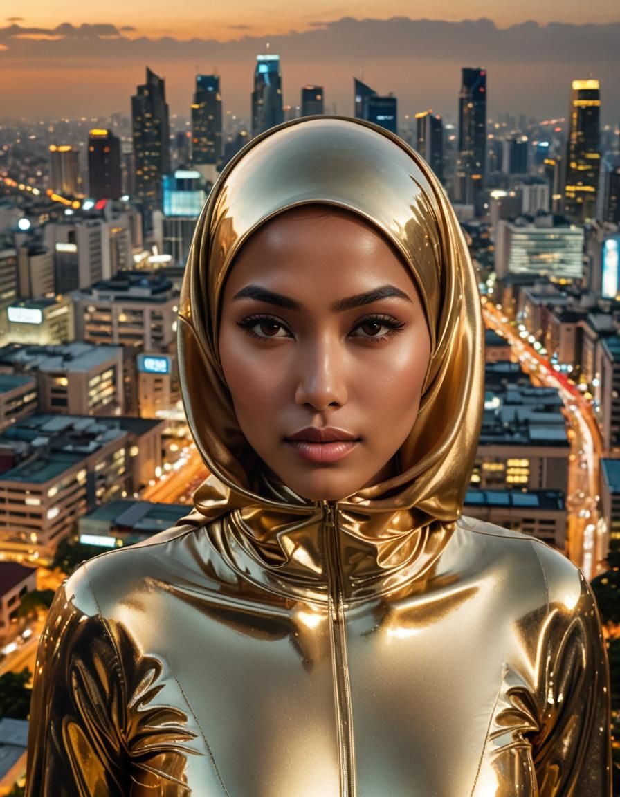 Young Woman in Gold Hijab in Retrofuturist Cityscape