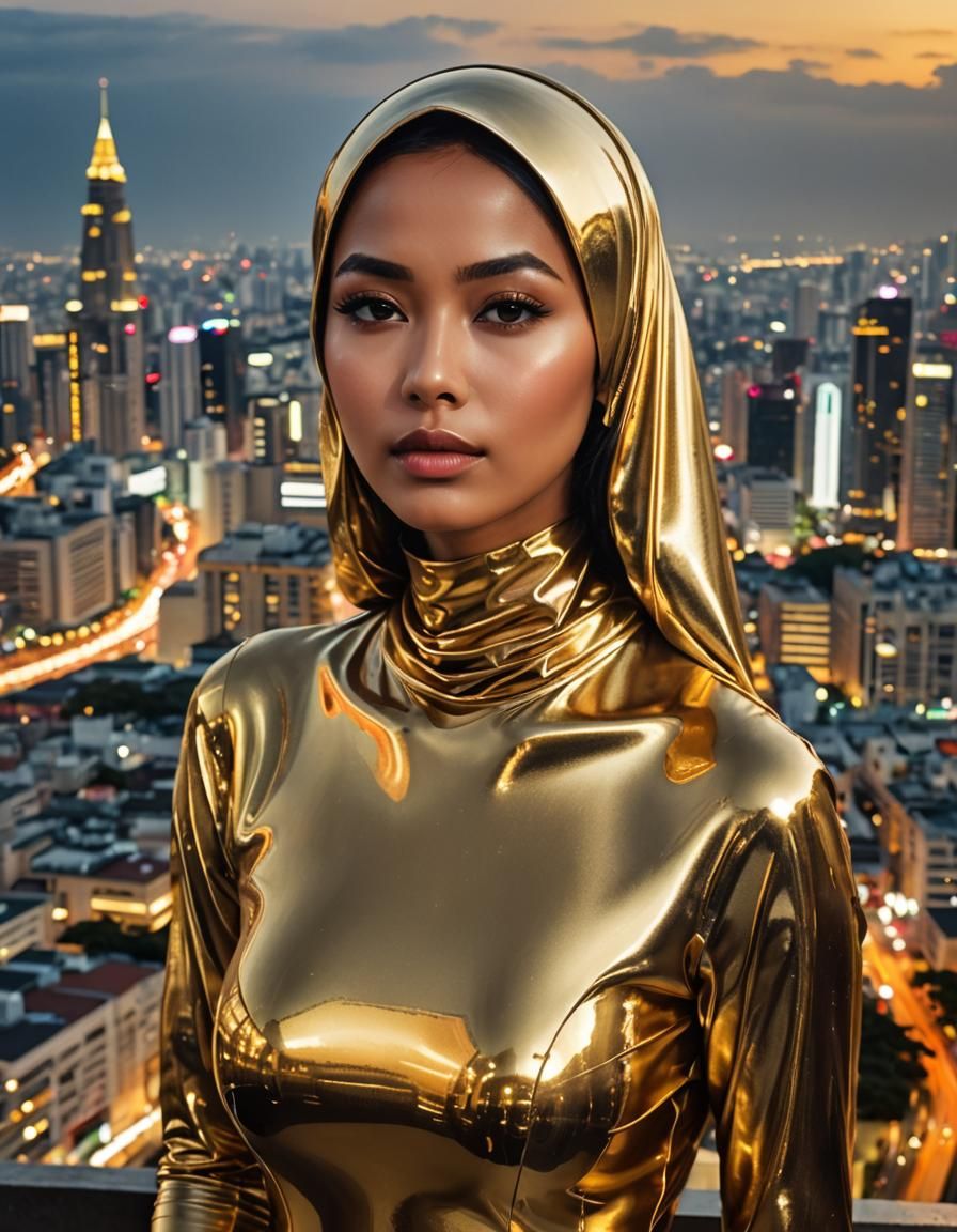 Futuristic Indonesian Woman in Gold Hijab