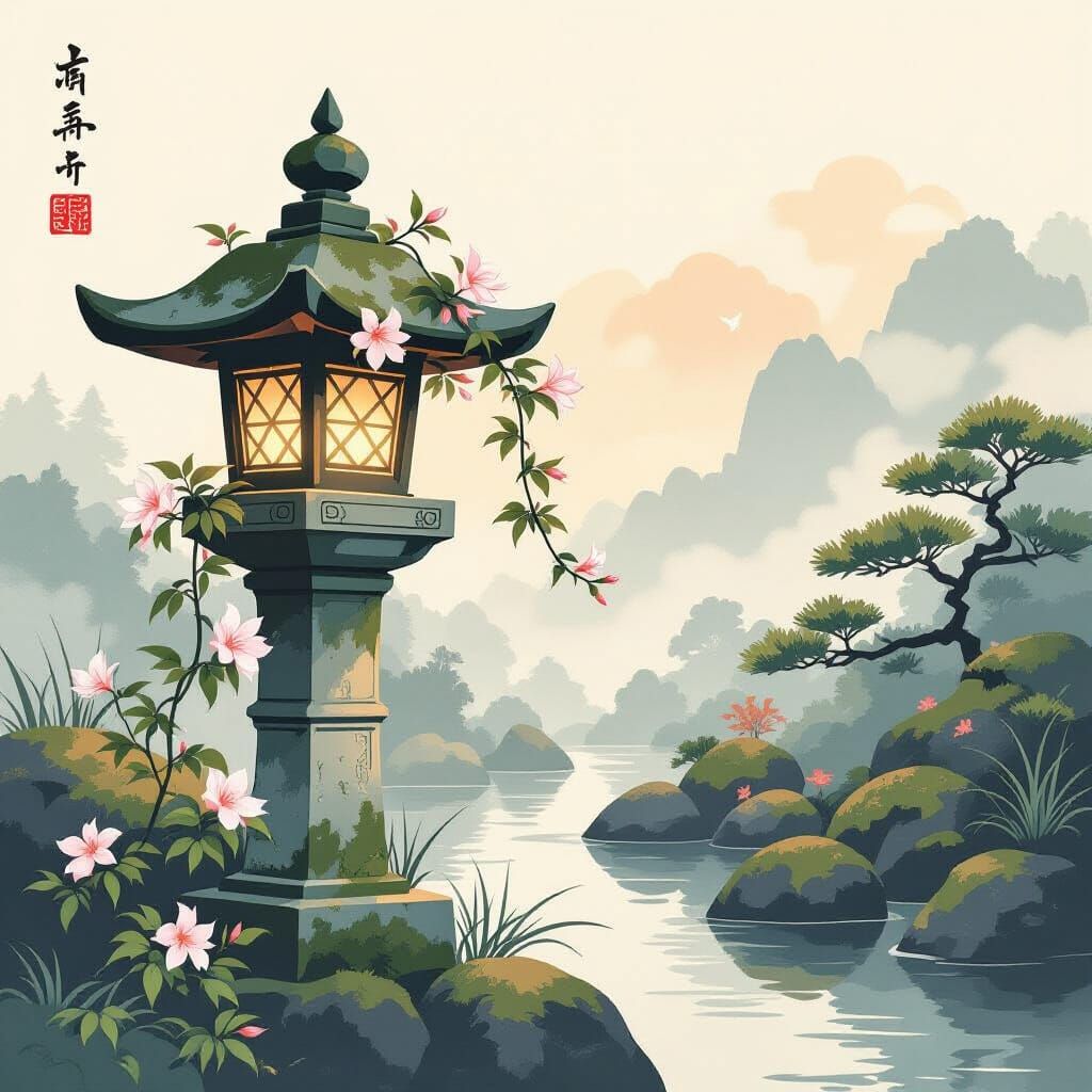 Honeysuckle and Stone Lantern in Ukiyo-e Style