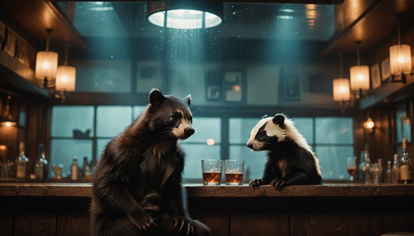 Wolverine Sits with a Skunk in a British Pub