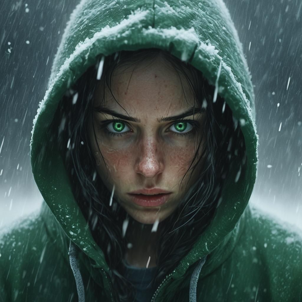 Snowstorm Woman Portrait with Green Eyes