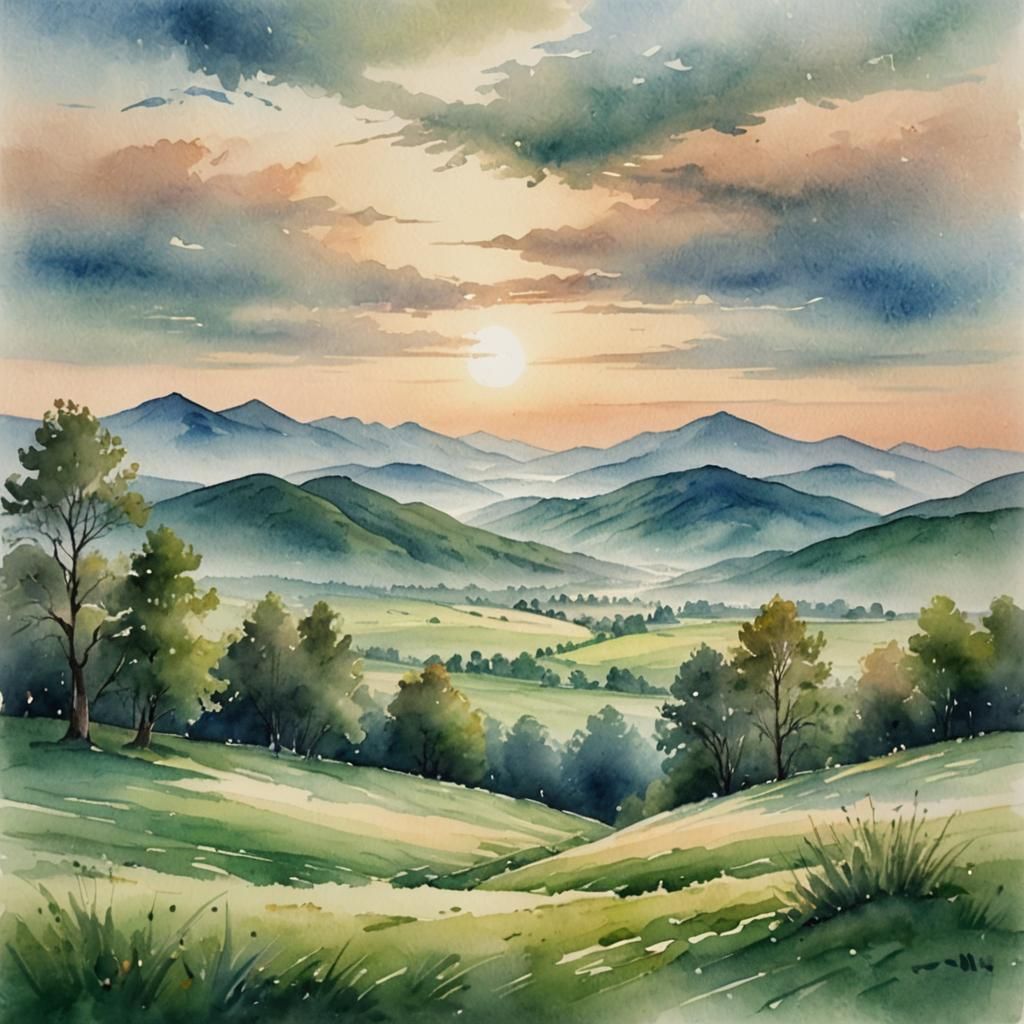 Watercolor Landscape Painting at Misty Sunrise