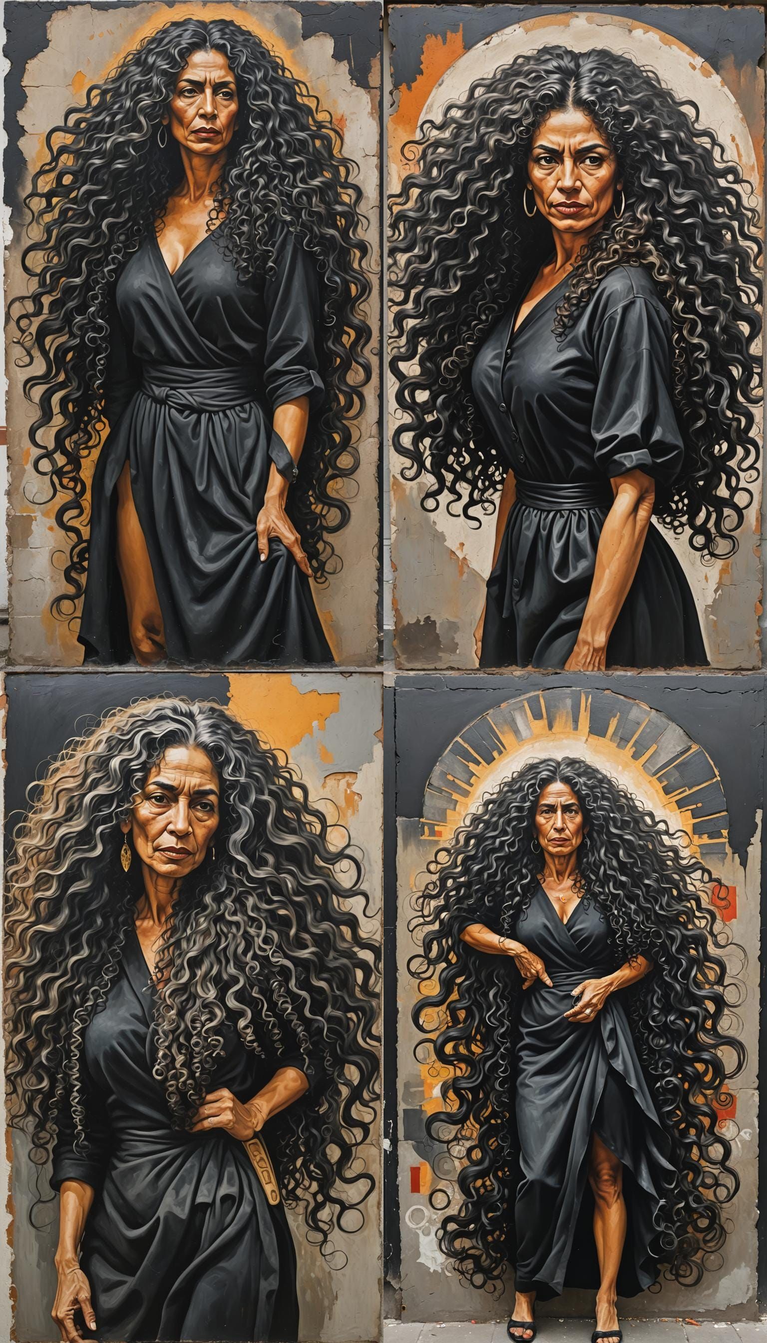 Woman with Curly Hair in Mexican Muralism Style