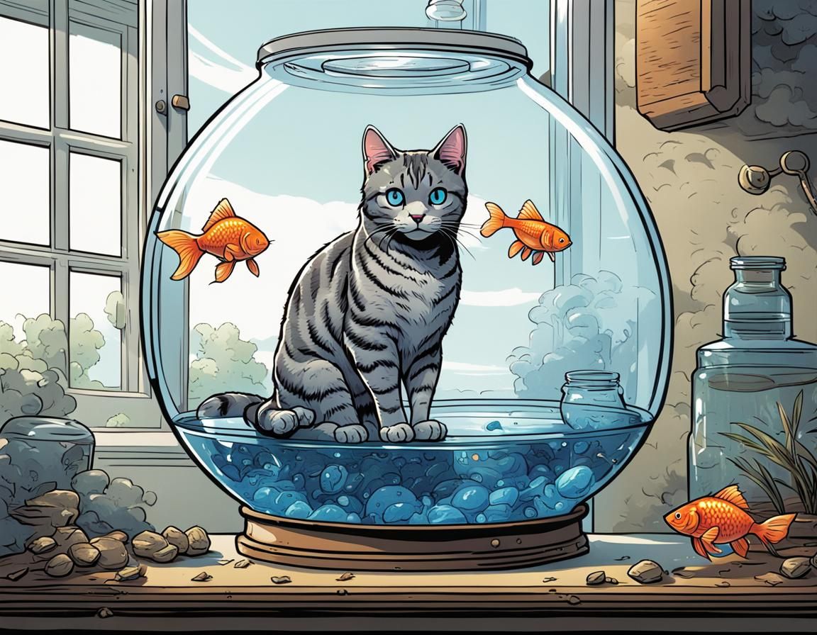 Grey tabby cat sitting on water?
