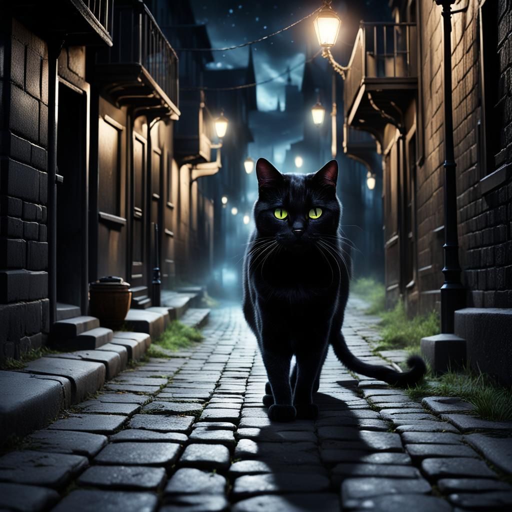Ominous Black Cat Stalks Dark Alley at Night