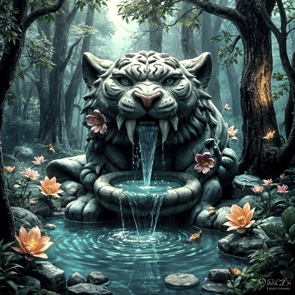 Whimsical Animal Fountain in Magical Forest