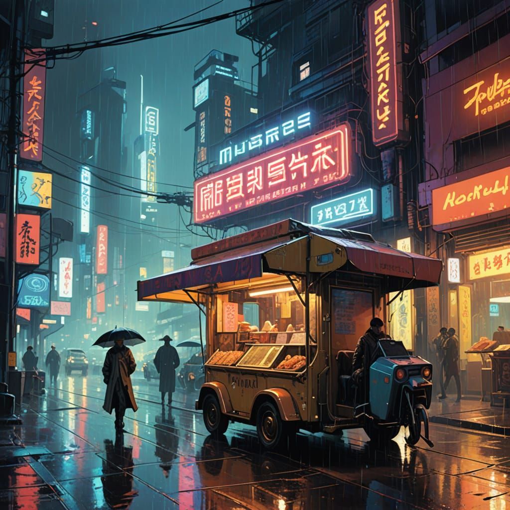 Rainy Cyberpunk City Noodle Cart at Night, in Neon