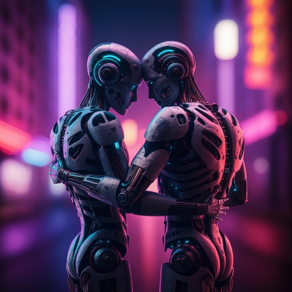 Futuristic Robots Share a Tender Hug in Neon-Lit Cityscape
