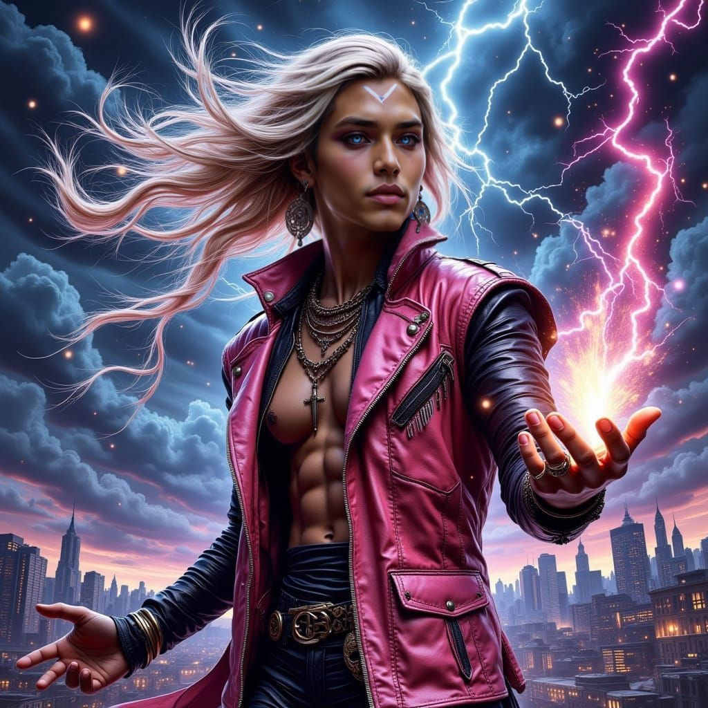 High-Femme Sorcerer Wields Air Magic in Neon Cityscape