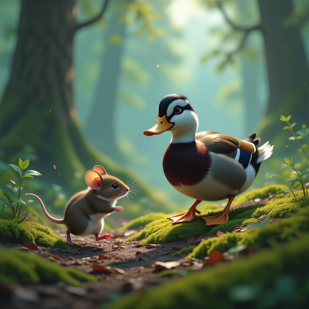 Mouse Flees Giant Duck in Detailed Fantasy Forest Art