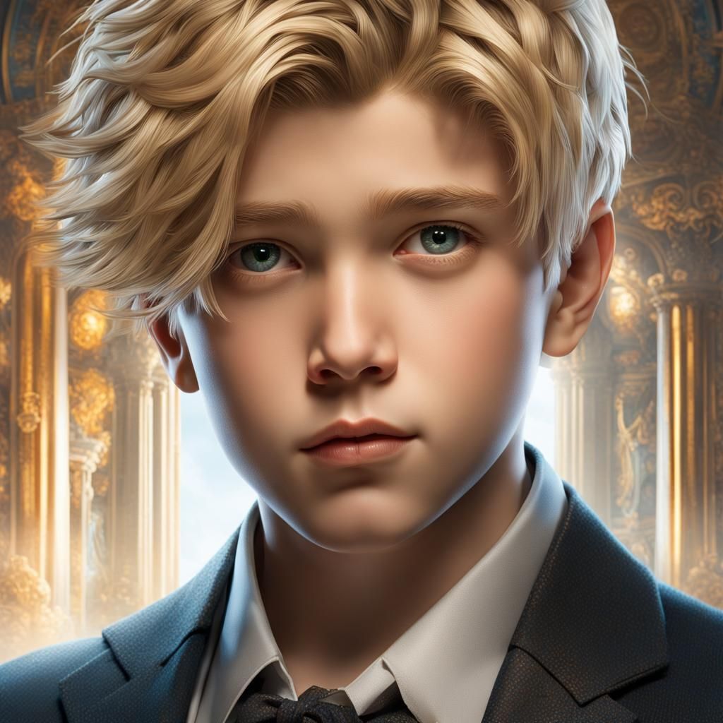 12 year old handsome boy with short blonde hair :: chubby, overweight :: suit :: shoulder up portrait :: highly intricat...
