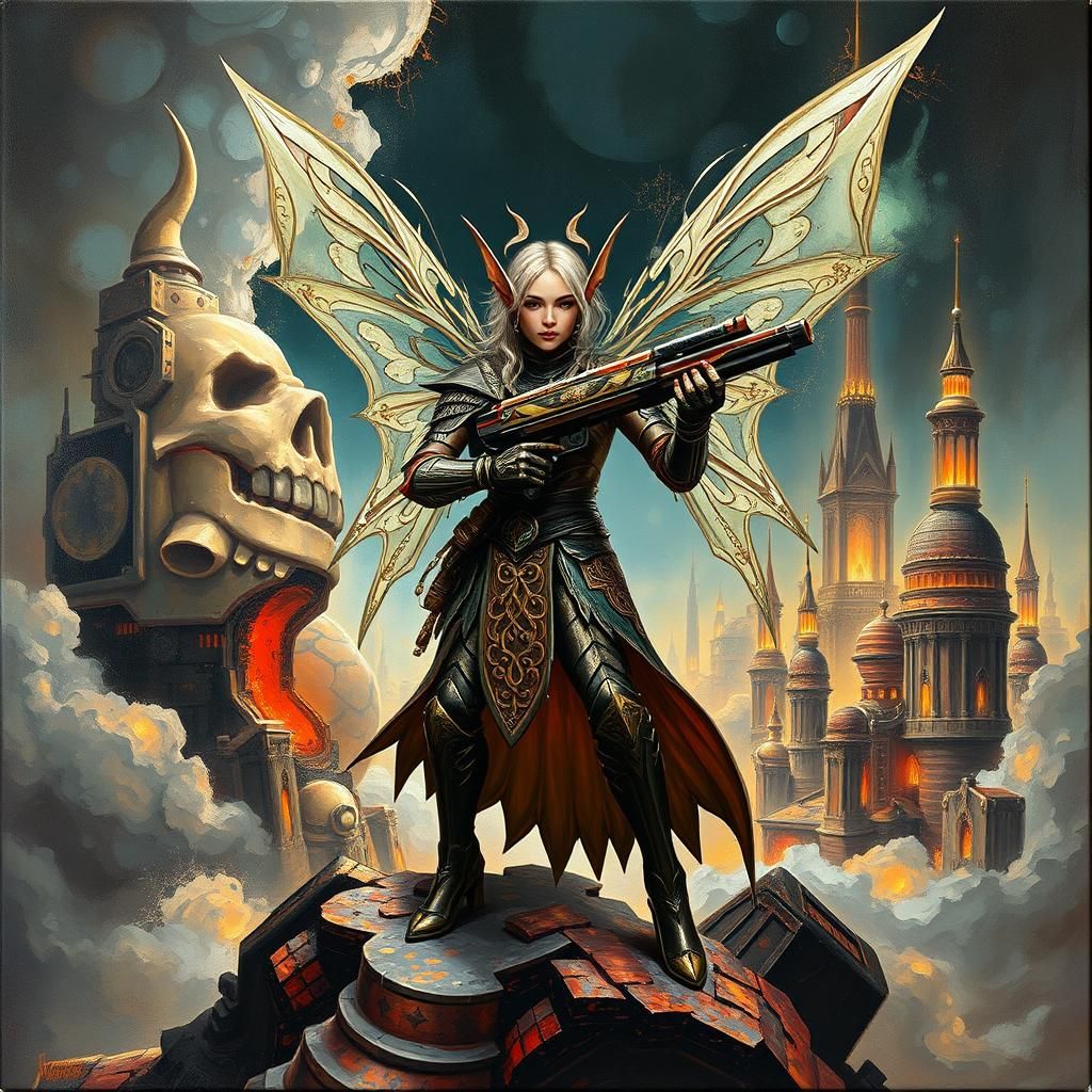 Sci-Fi Fairy Elf Warrior in Dystopian Cityscape