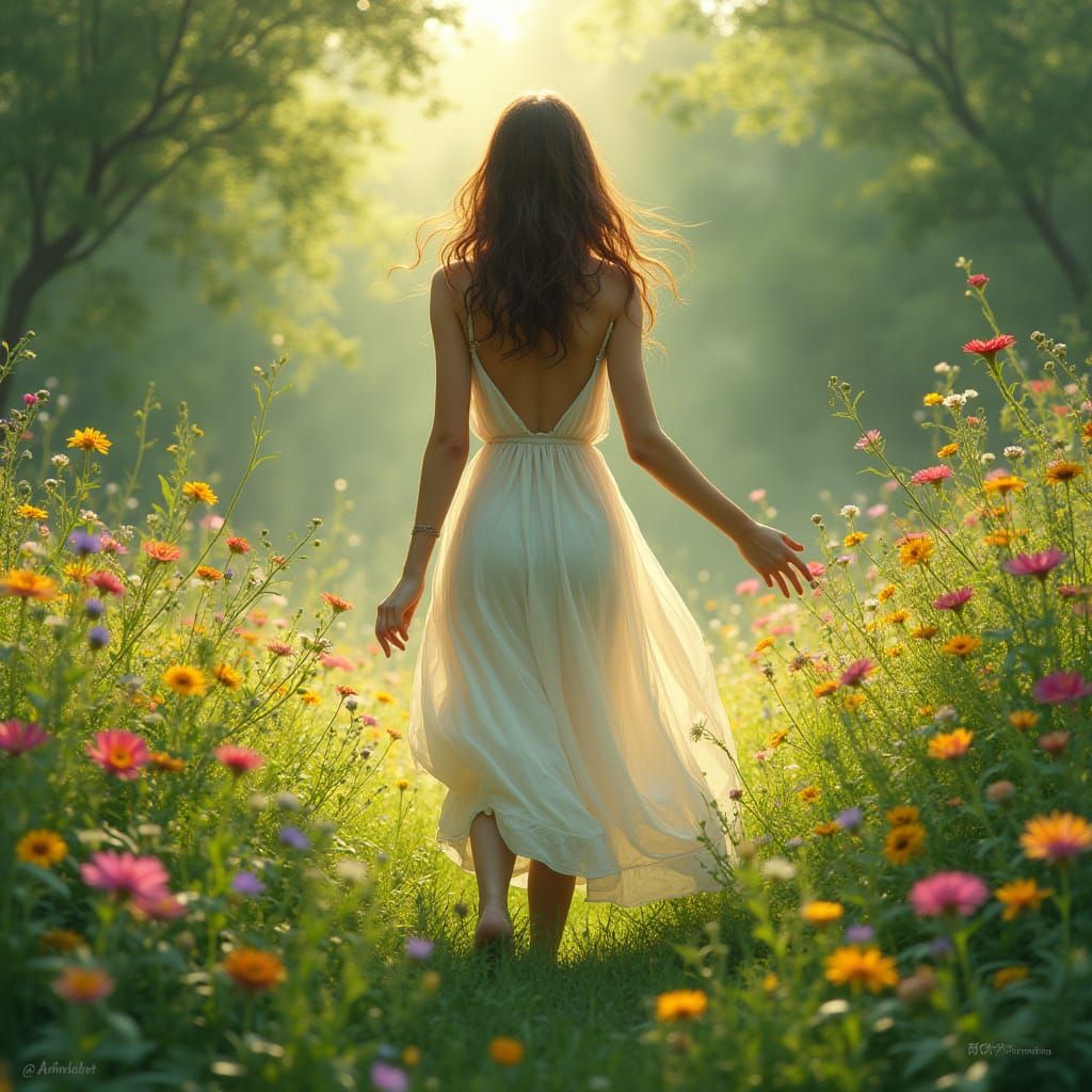 Brunette Girl in Meadow: Matte Painting Style