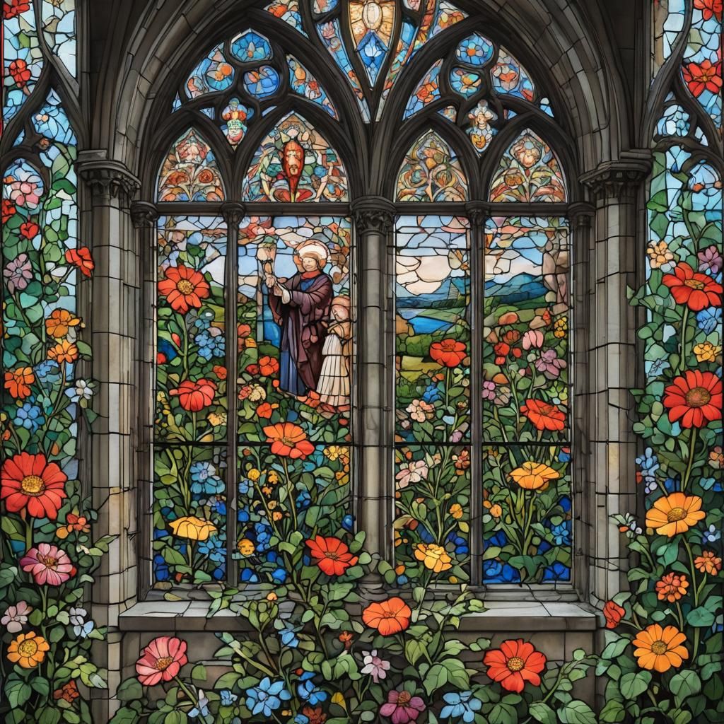 Colorful Stained Glass Gothic Church Window Art