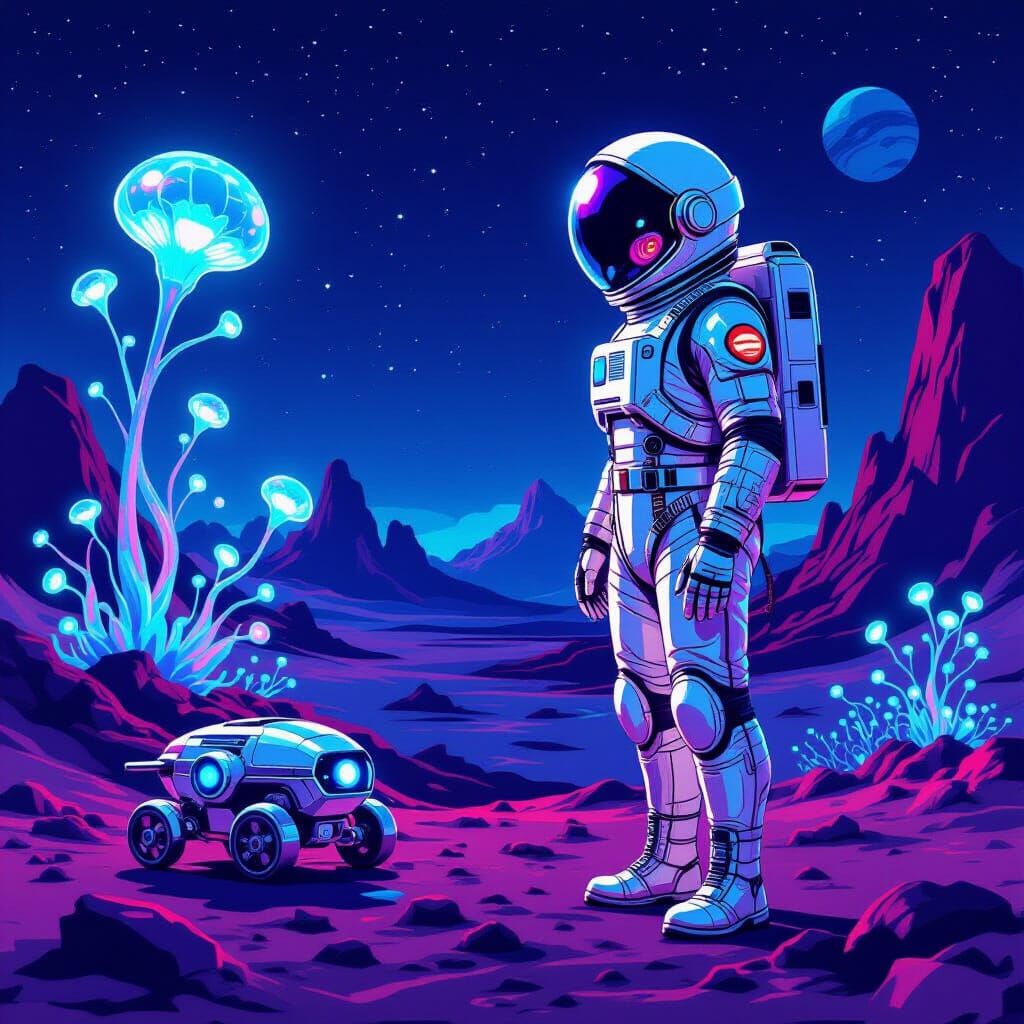 Retro Astronaut Explores Alien World in 1950s Sci-Fi Style