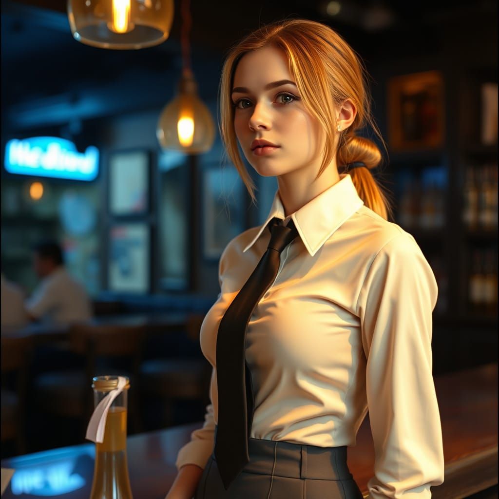 Woman in Latex School Uniform in Upscale Bar