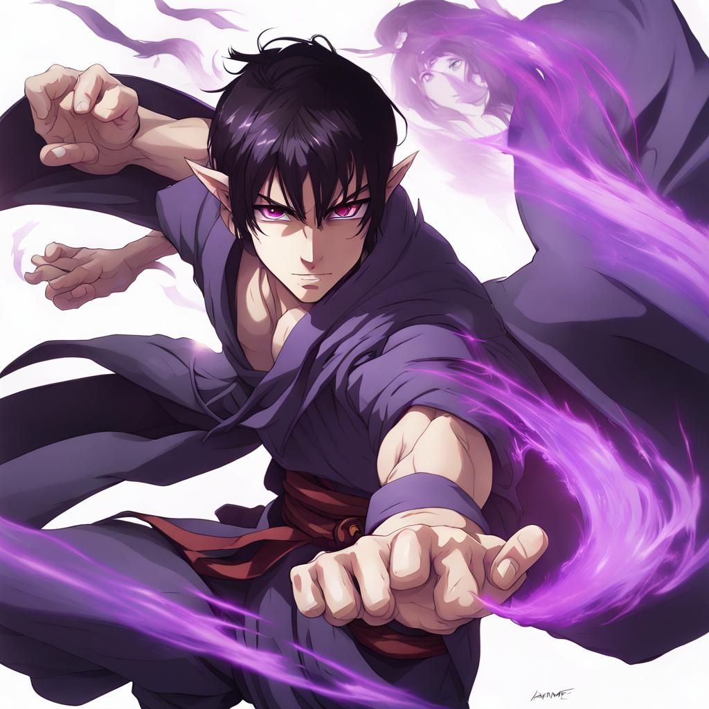 Half-Elf Monk in Flying Kick Pose, Anime Style