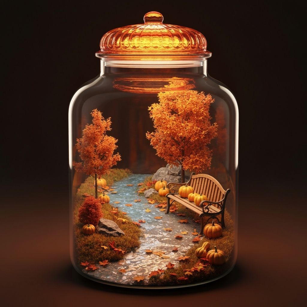 Autumn Captured in a Glass Jar with River and Bench