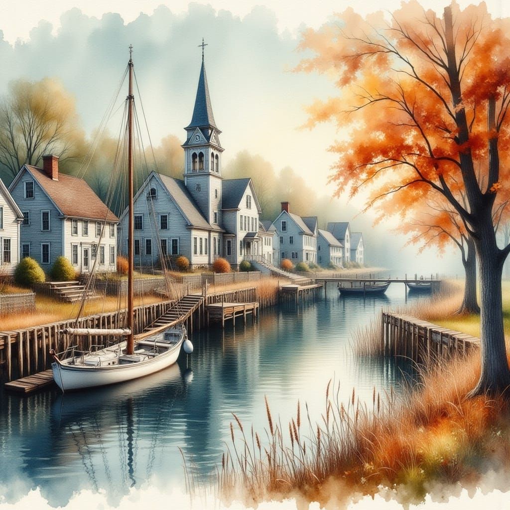 New England Fishing Village in Watercolor Style