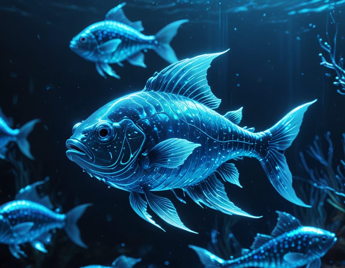 Underwater Translucent Blue Fish Hologram in Digital Art