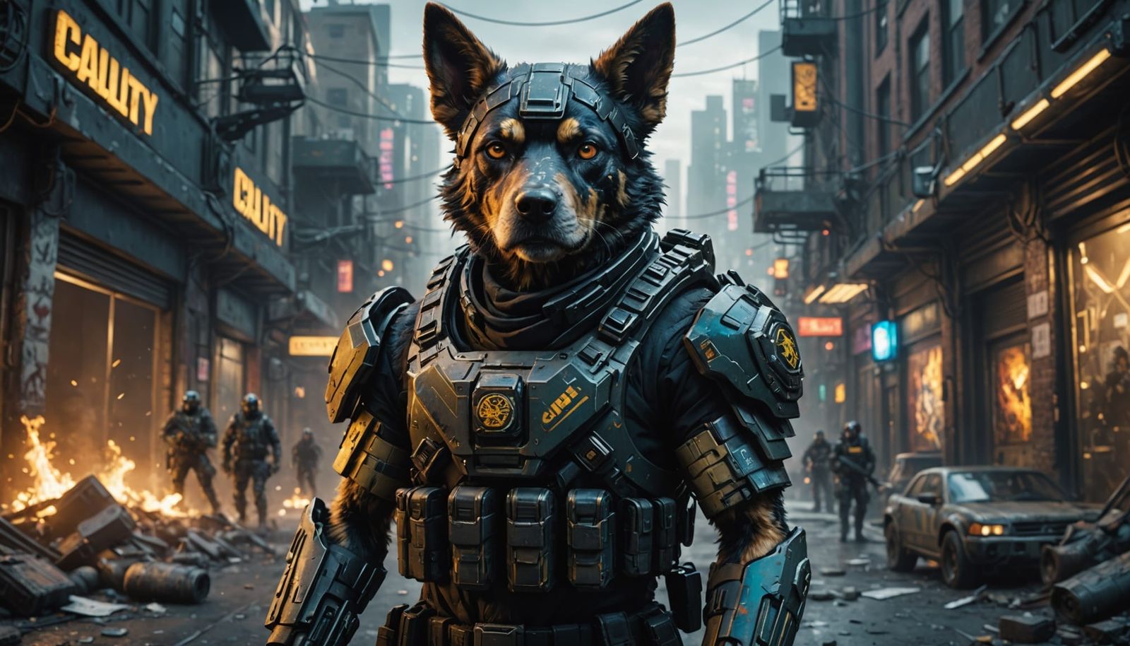 Cyberpunk Furry Dog Soldier in Futuristic Warfare