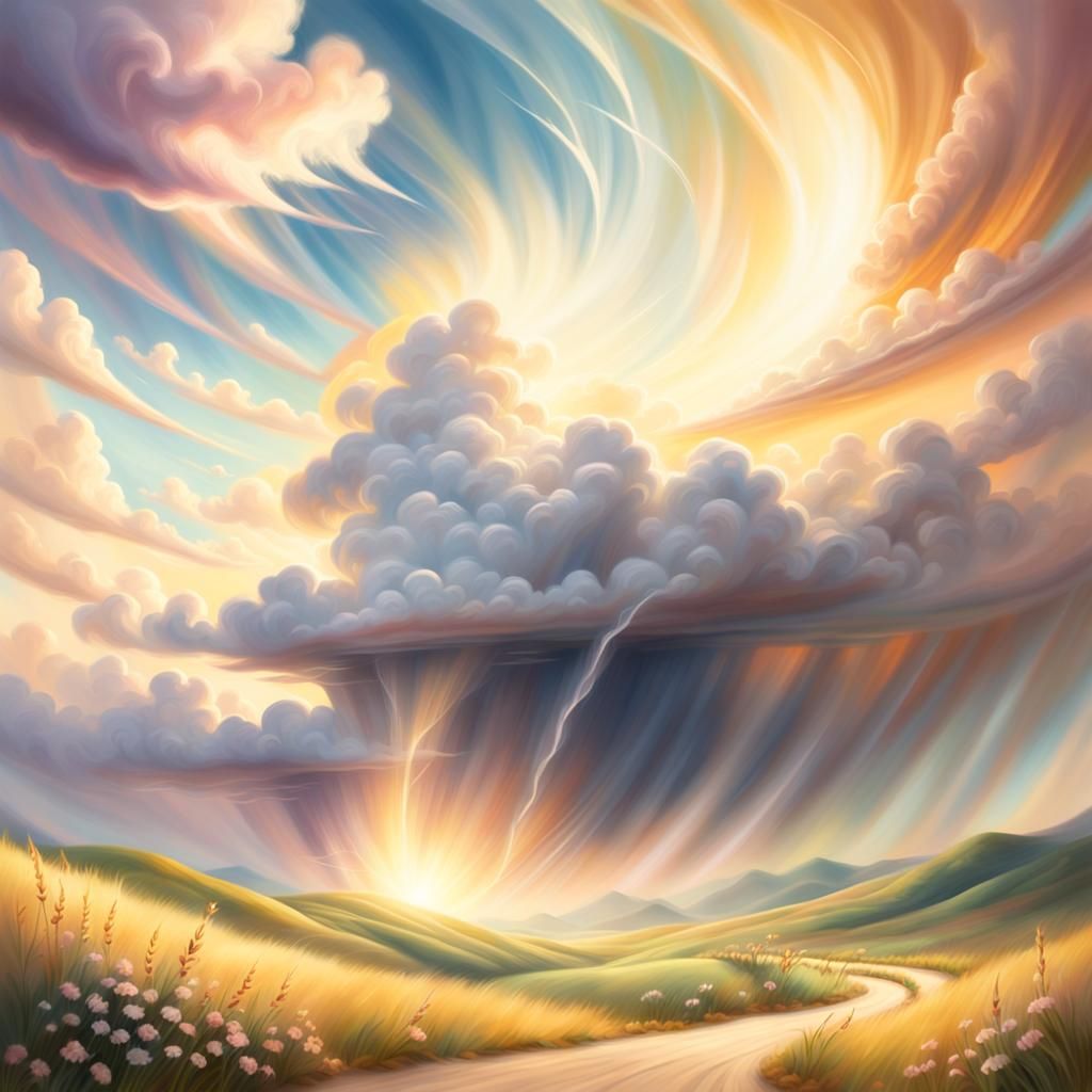 Tornado in Serene Landscape: Ethereal Art Style