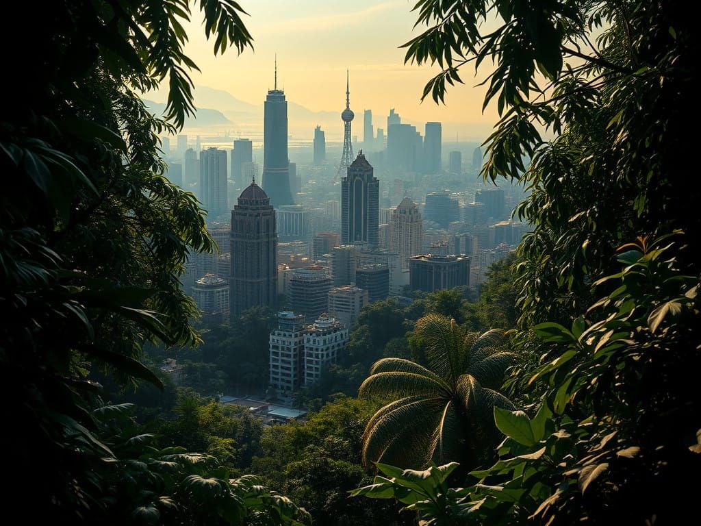 Stunning Abstract Cityscape Hidden in Jungle, Vibrant Shadow...