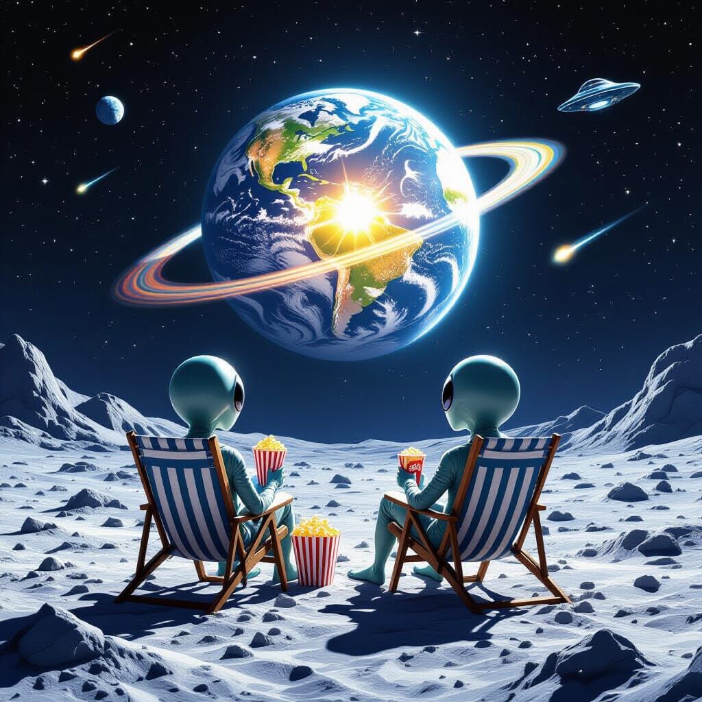 Humorous Alien Moon Movie Night in 8K