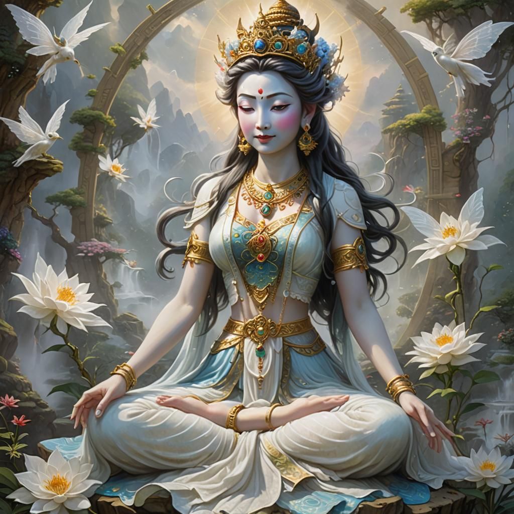 Ethereal White Tara with Fairies in Misty Landscape