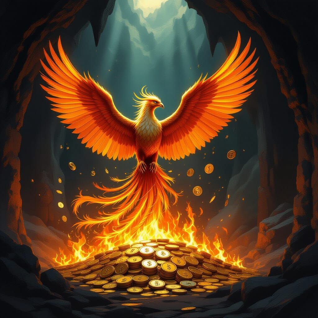 Majestic Phoenix Rises From Fiery Gold in Fantasy Art Style