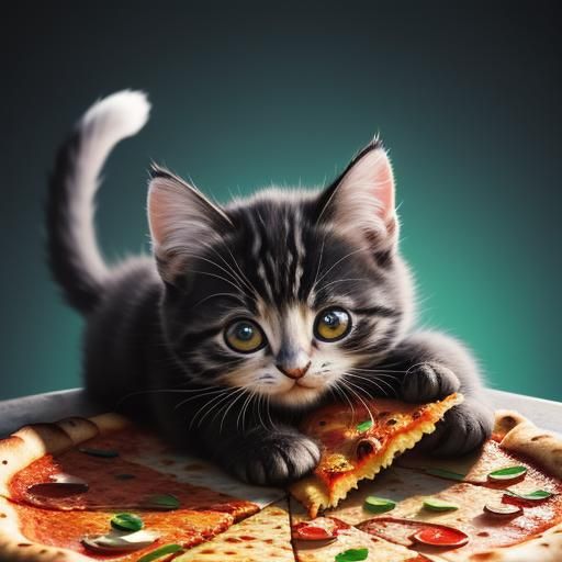 Hyperrealistic Kitten Enjoying Pizza Slice