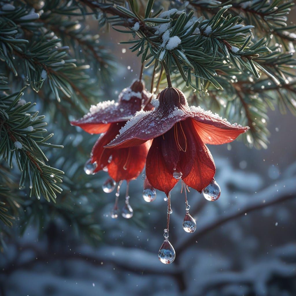 Scarlet Bellflower on Snowy Branch in 3D Watercolor Style