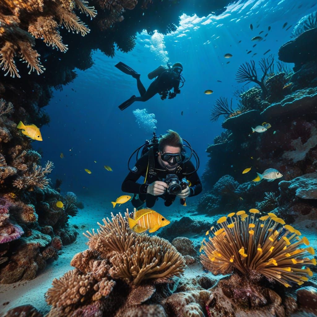 Underwater Photography of Diver Filming Coral Reef