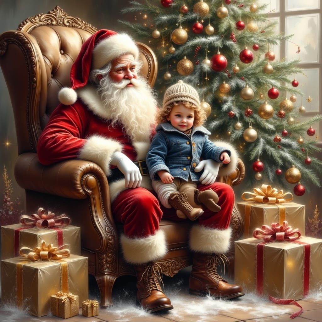 Santa Claus with Child Before Christmas Tree in Vintage Styl...