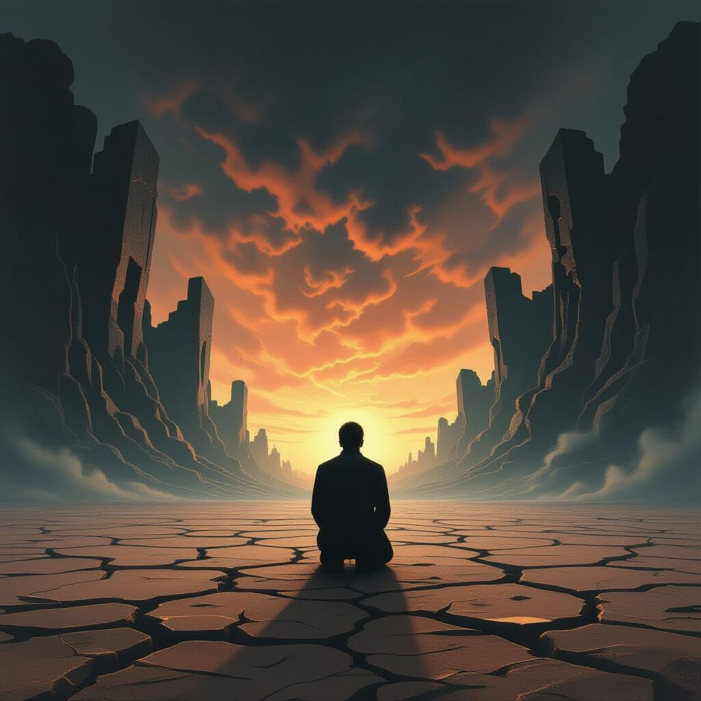 Figure Kneeling on Cracked Earth in Twilight