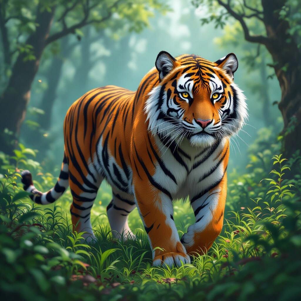 Majestic Tiger Roaming in Lush Forest