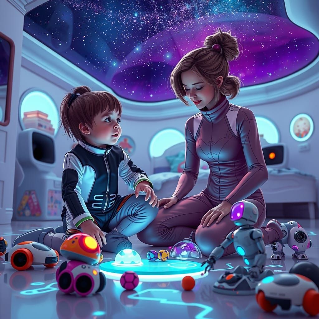 Futuristic Child and Mother Playing with Holographic Toys